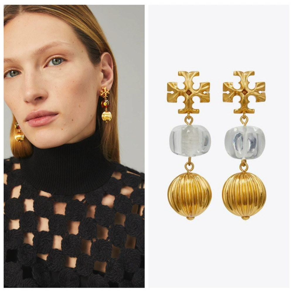 Tory Burch White Resin Copper Ball Double Pendant Chunky Stud Earrings